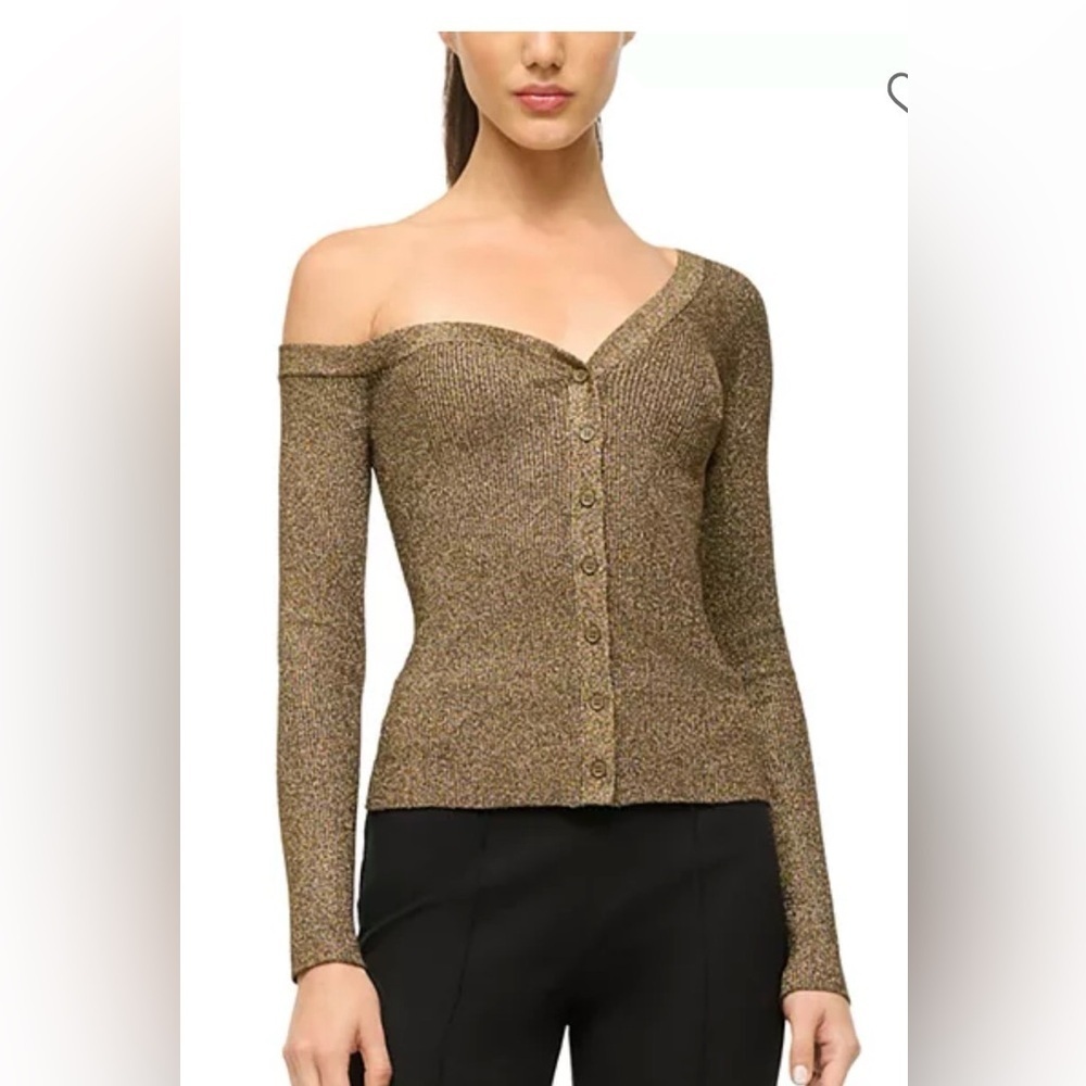 Staud Women Craftsman Sweater Gold Metallic Cardigan Off-the-Shoulder Size M NWT